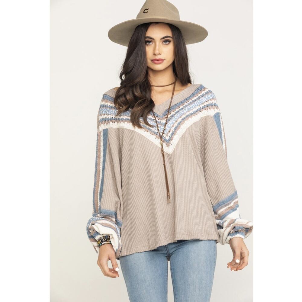 FREE PEOPLE Copenhagen Thermal Long Sleeve Top Beige People Combo Size Small